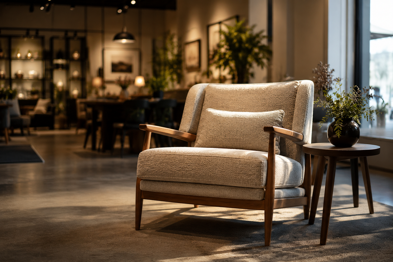 A single armchair displayed in a quiet independent retail showroom, waiting to be discovered by the right shopper.