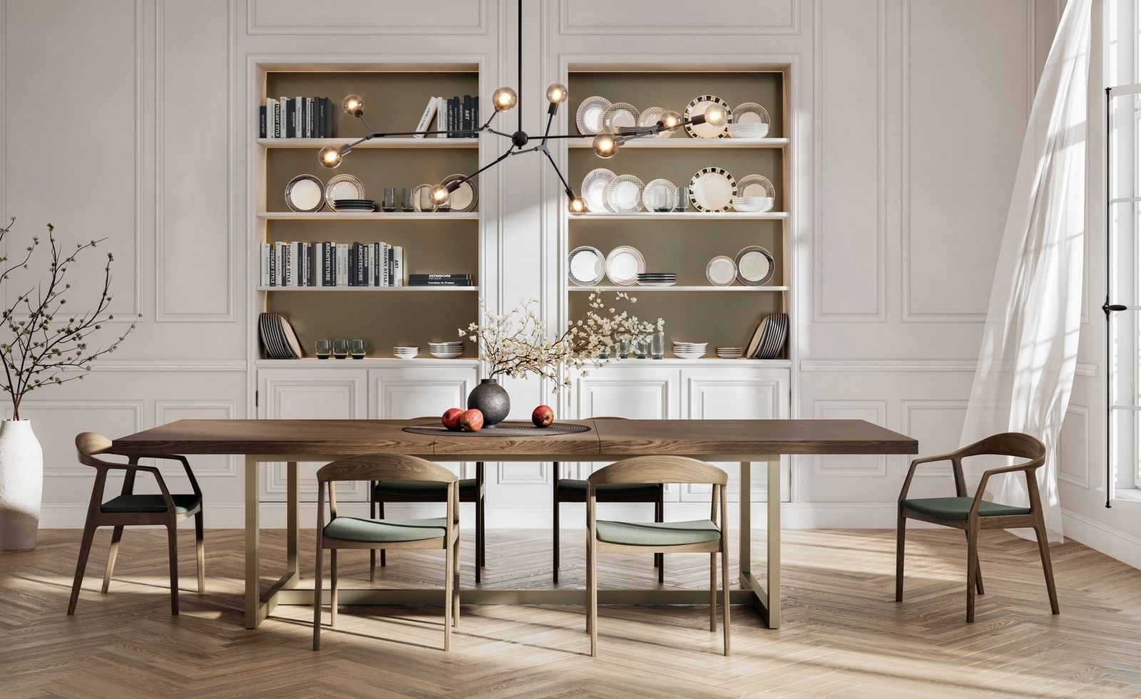Modern dining room with floor model dining table, chairs, and built-in shelving displayed in a showroom setting