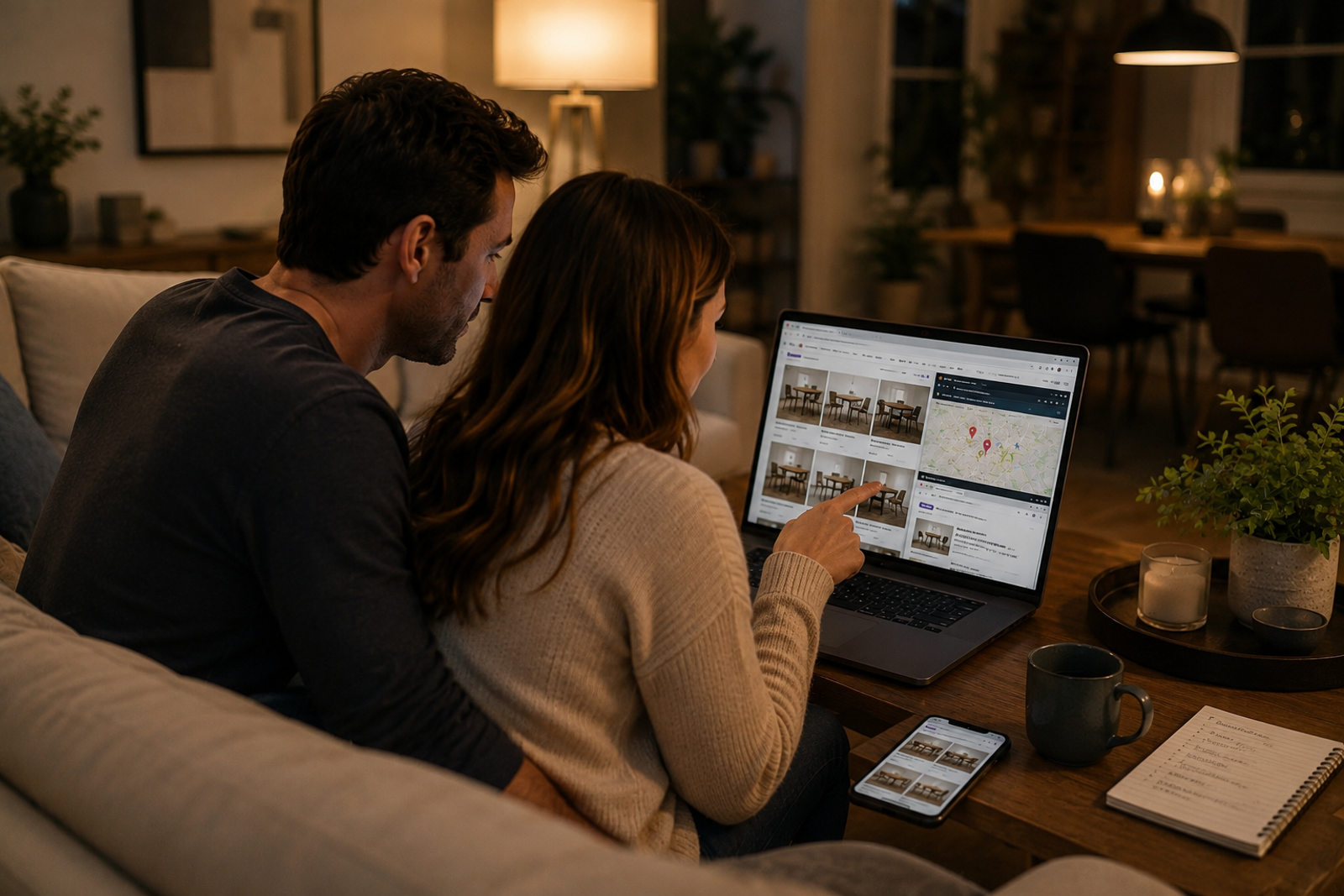 A couple researches dining furniture online from home before deciding which local retailers to visit, illustrating how modern retail discovery begins before entering a showroom.