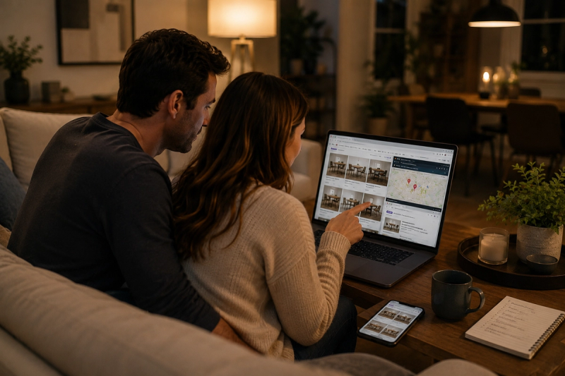 A couple researches dining furniture online from home before deciding which local retailers to visit, illustrating how modern retail discovery begins before entering a showroom.