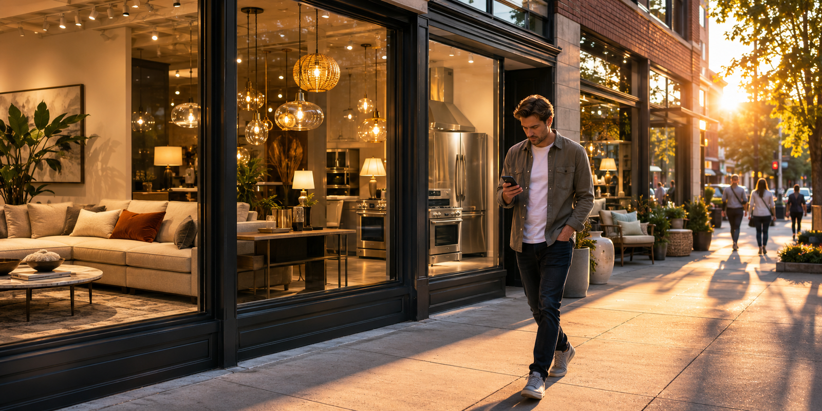 Shopper focused on a smartphone while walking past a local showroom filled with furniture, lighting, and appliances, illustrating how great local inventory can remain unseen despite being nearby.