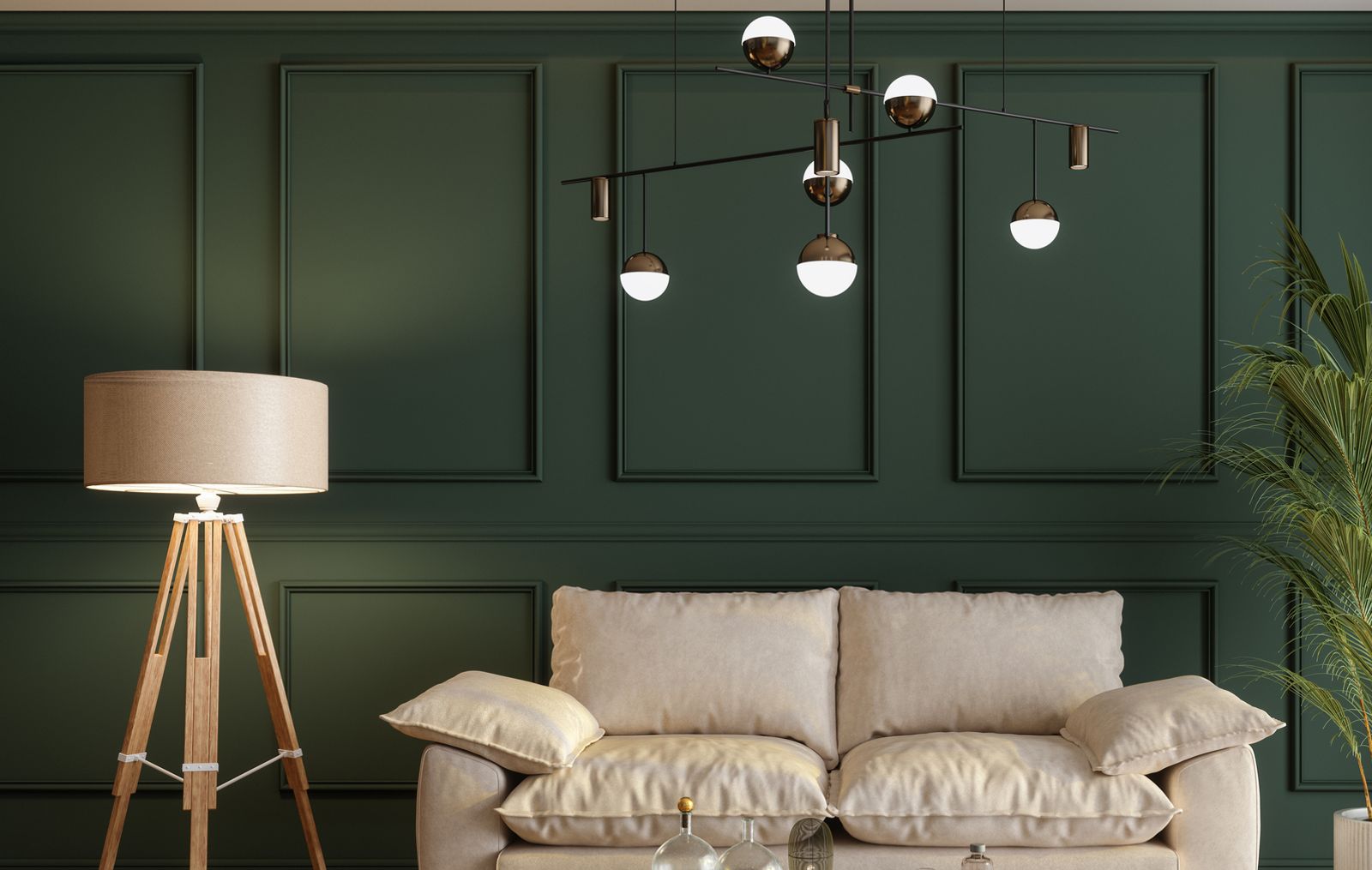 Floor model lighting fixtures in a modern living space, featuring pendant lights and table lamps from a showroom display