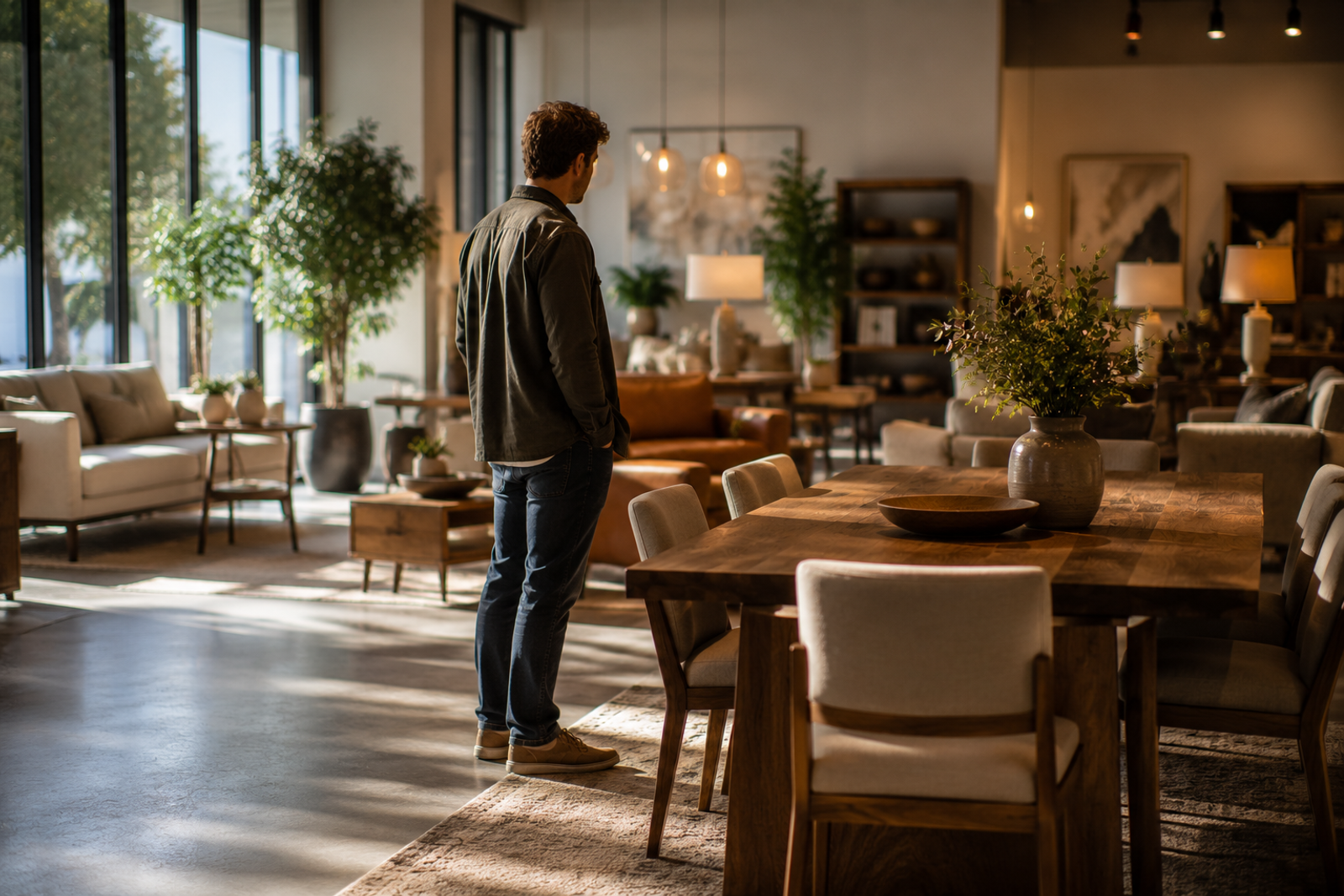 A featured furniture floor sample in a quiet showroom, symbolizing how discoverability creates opportunities before a sale occurs.