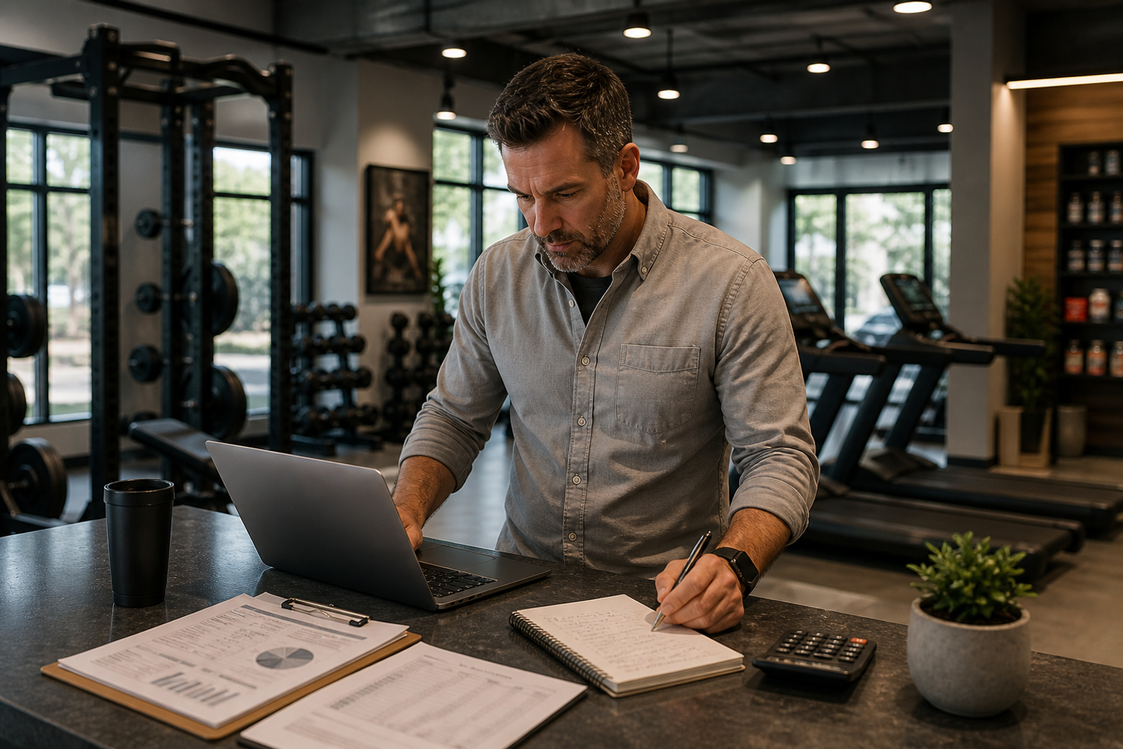 Retail store owner reviewing pricing and inventory data on a laptop while taking notes at a fitness equipment showroom counter, illustrating how discount decisions are driven by inventory management and operational strategy.