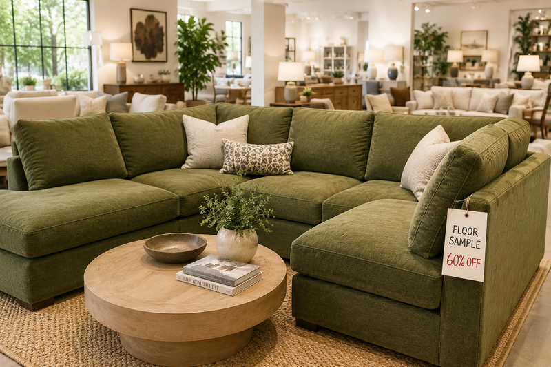 Bright furniture showroom featuring a green sectional floor sample sofa with discount tag, illustrating how high-quality furniture deals are often overlooked in retail showrooms.