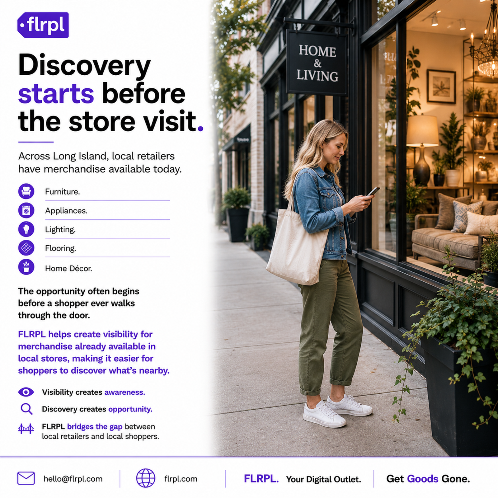 Shopper using a smartphone outside a local home furnishings showroom, illustrating how product discovery often begins before a customer enters a store.