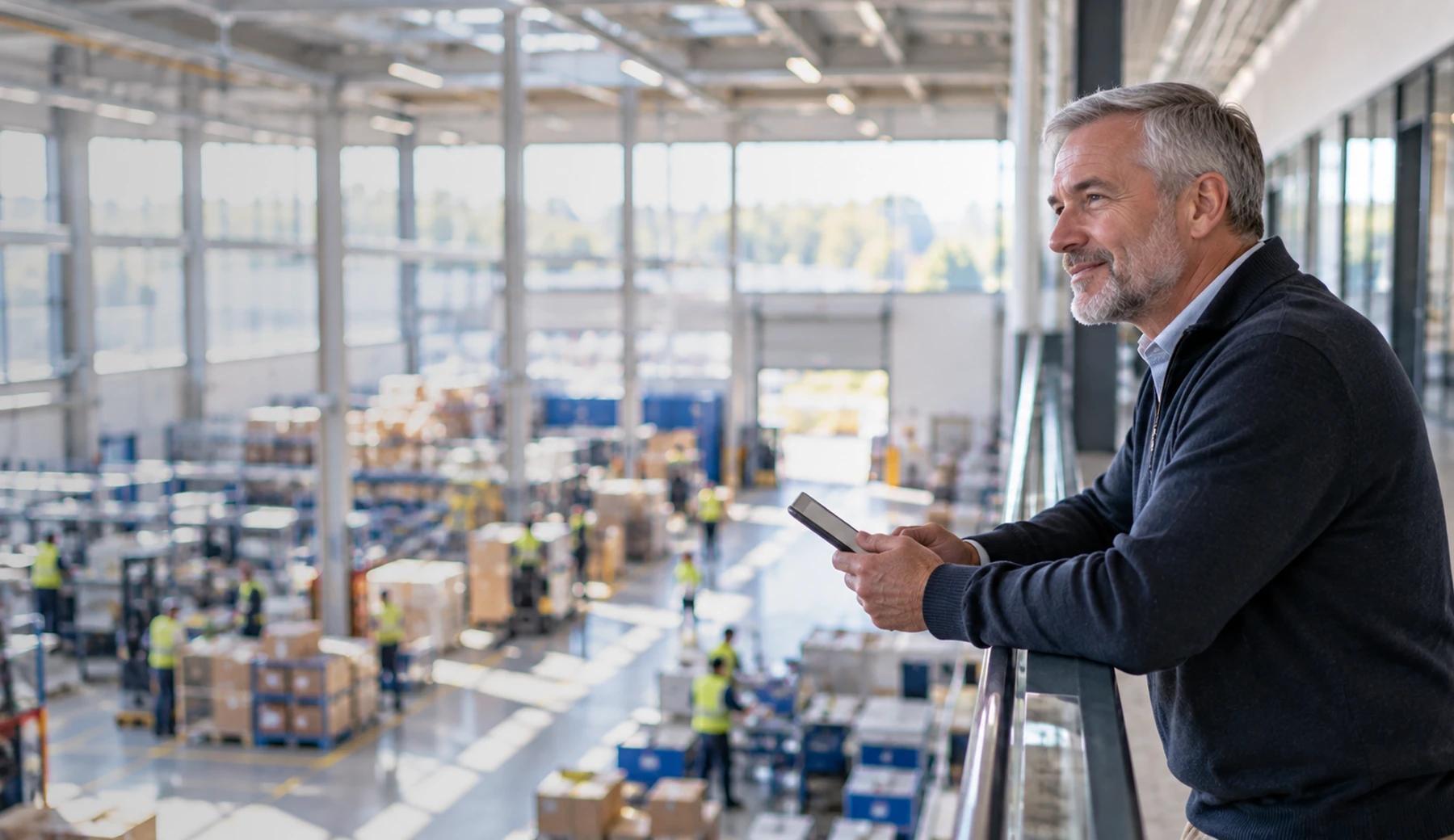 Warehouse colleagues in high-visibility vests discussing work with their manager.