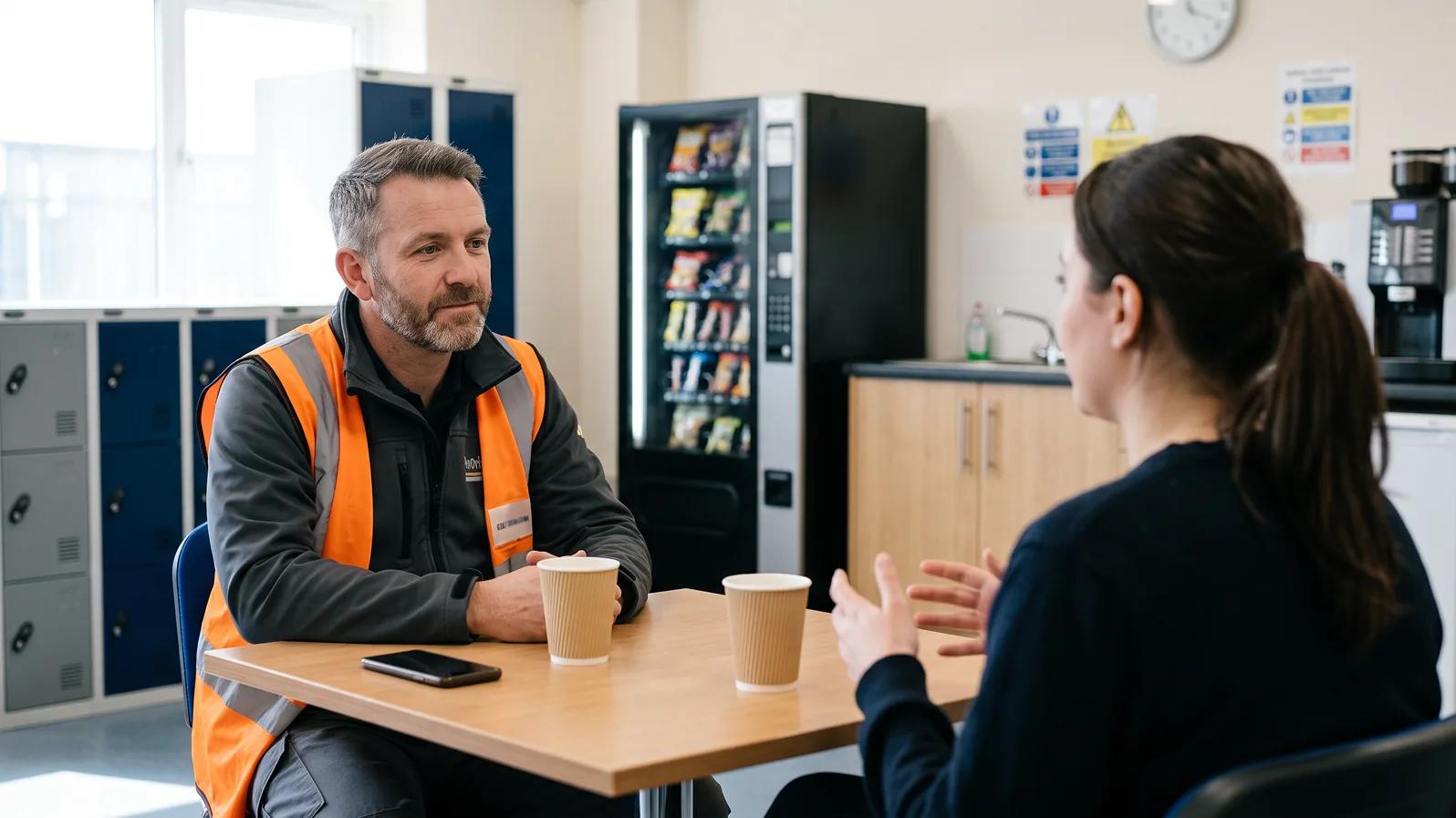 A warehouse manager in a high-visibility vest speaking with a colleague.