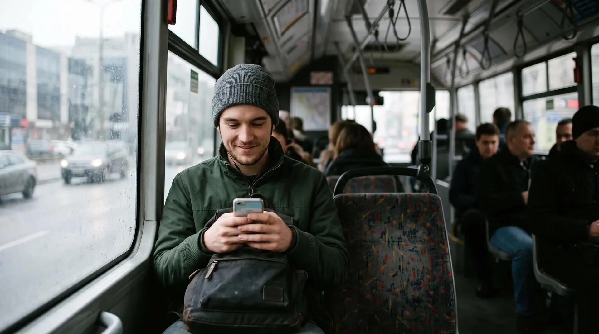 A commuter using his phone while riding a bus