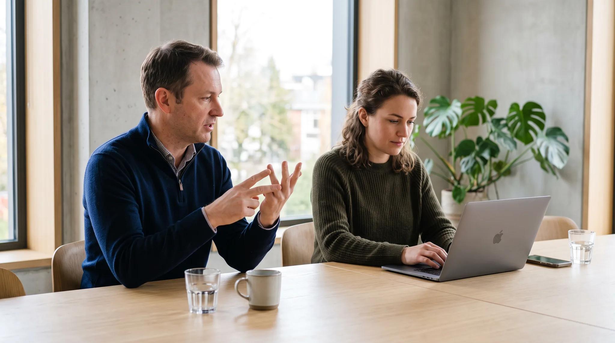 Two colleagues discussing information on a laptop in a bright office.