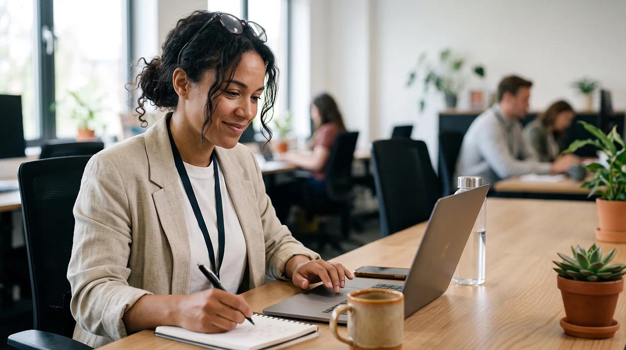 A recruiter reviewing applications at her desk.