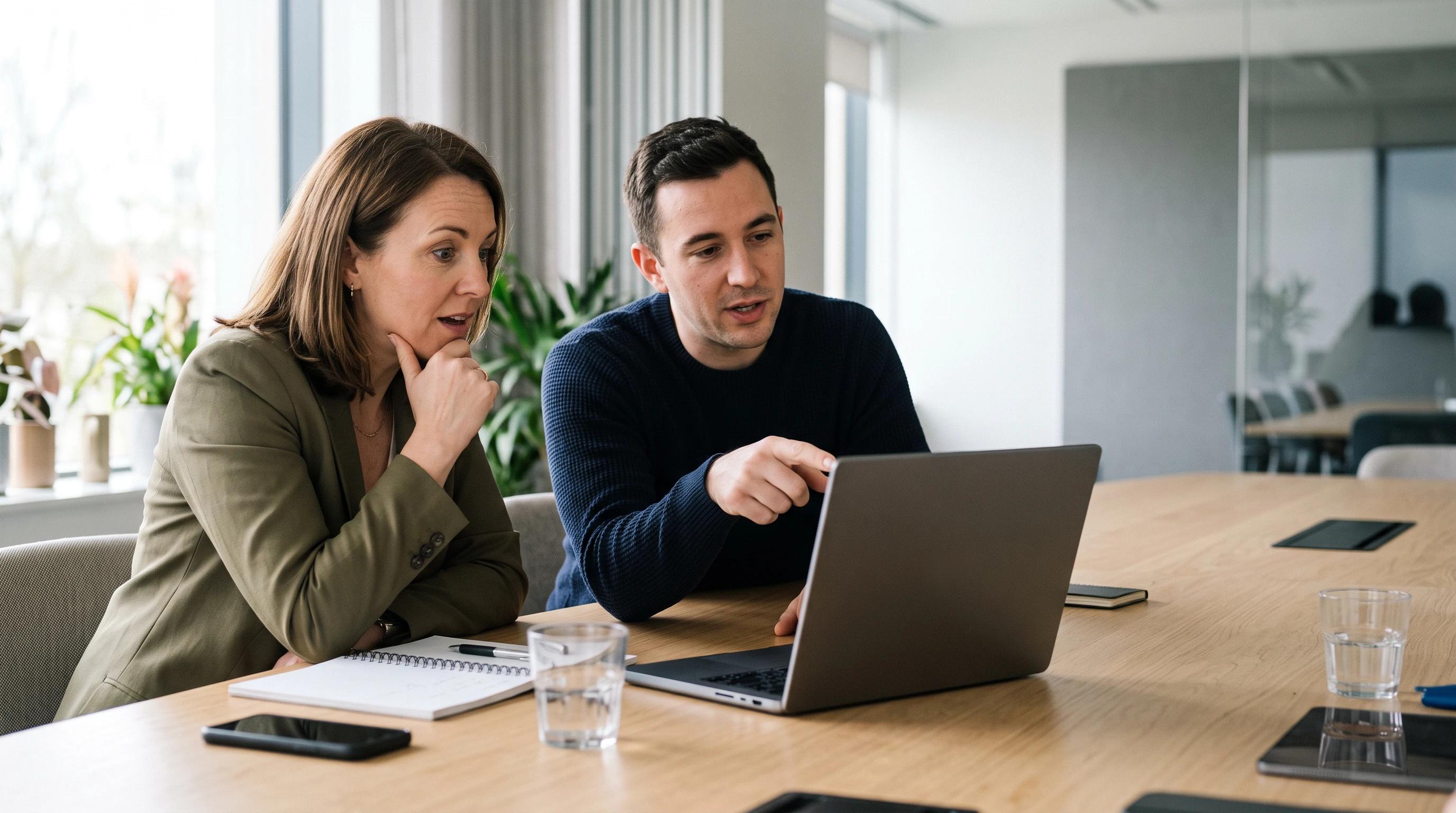 Two colleagues reviewing a shared record on a laptop