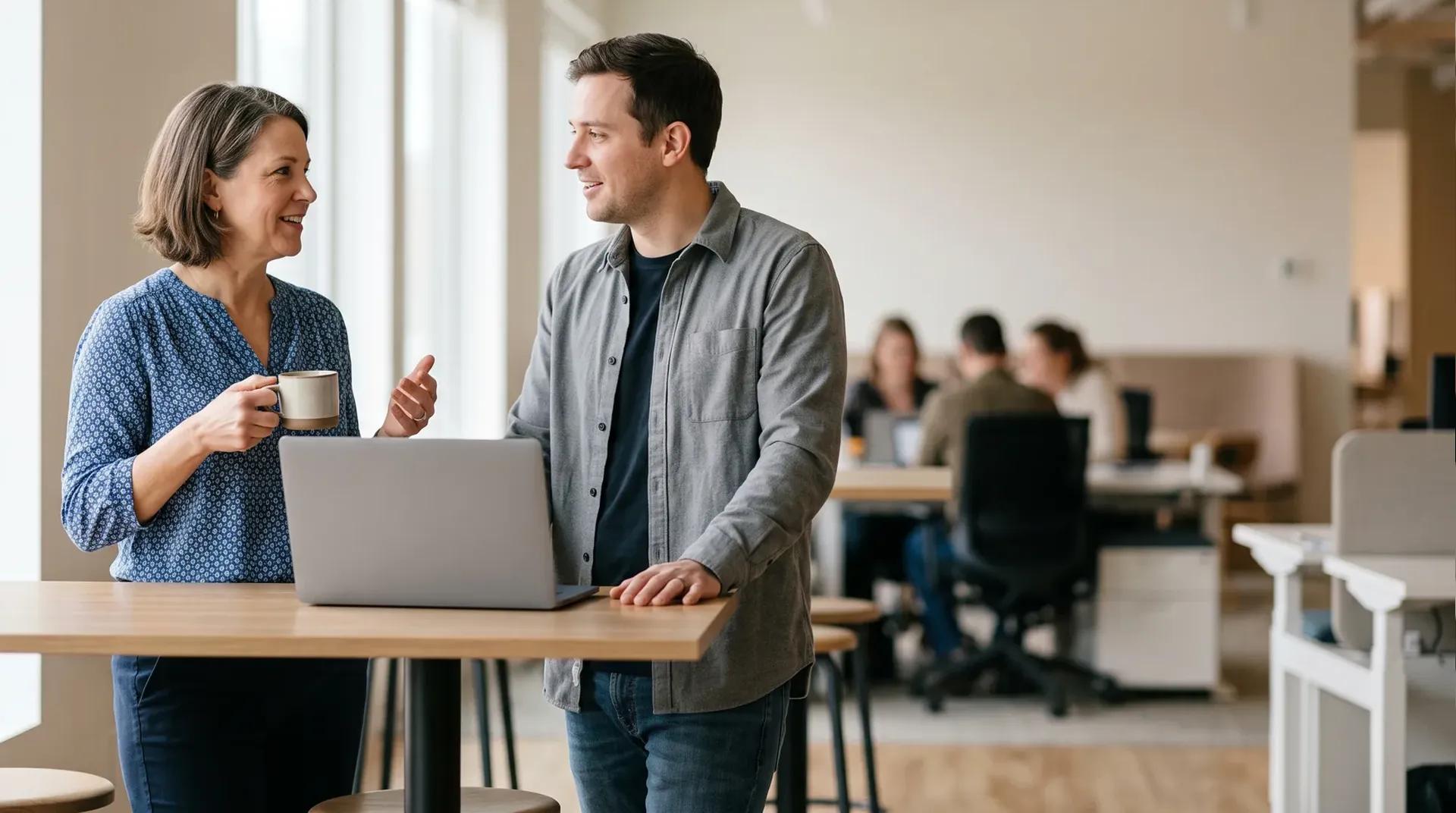 Two colleagues discussing recruiting in their office