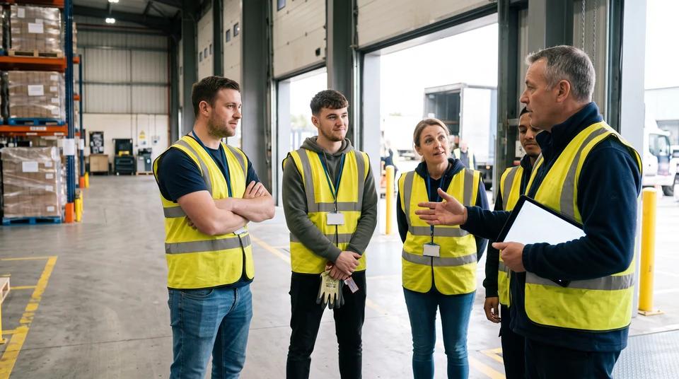 A hiring manager leading a group through a warehouse