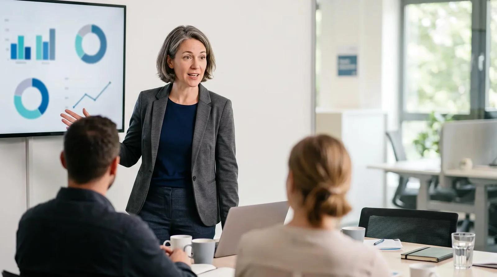 A team leader presenting hiring charts to colleagues in a meeting