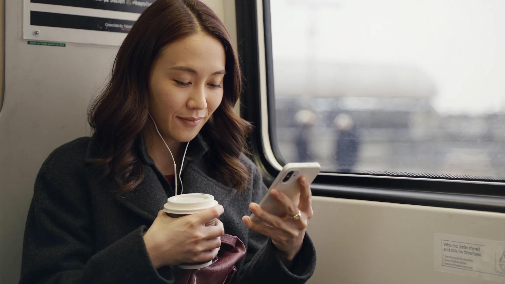 A woman checking her phone while travelling by train.