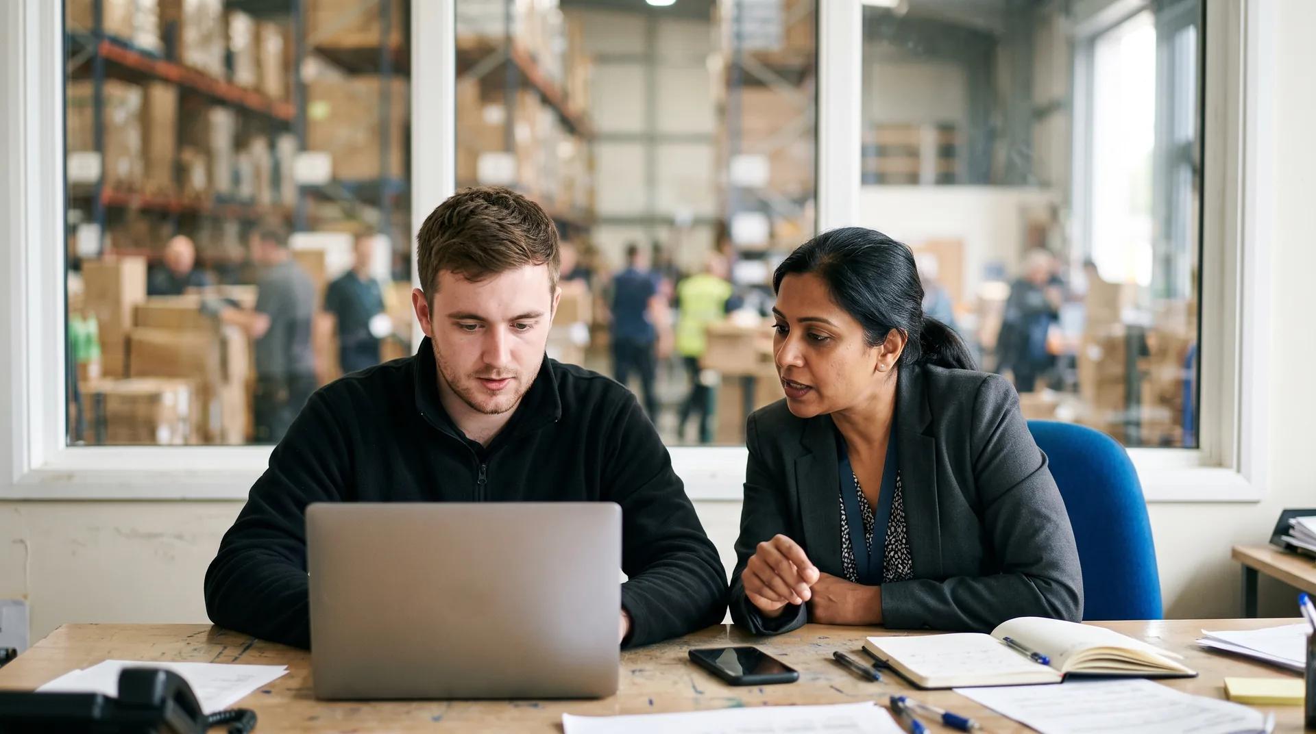 Colleagues discussing hiring in their office