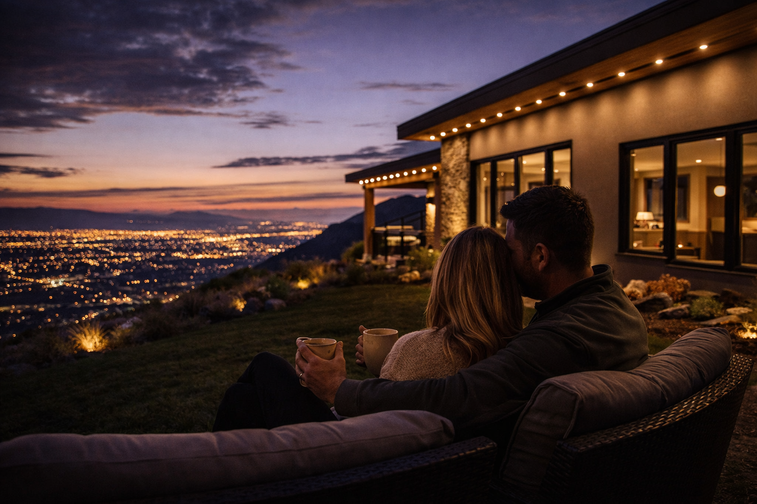 Couple overlooking Salt Lake Valley at dusk with house illuminated by permanent track lights