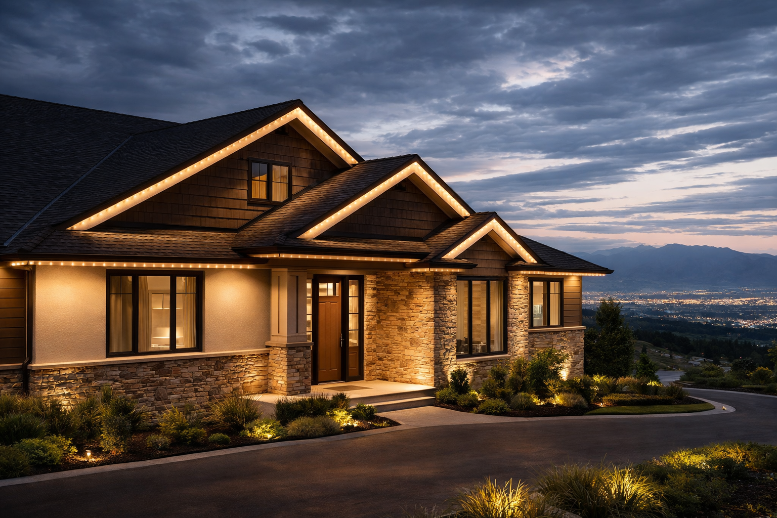 Utah foothills luxury home dusk lighting draper highland