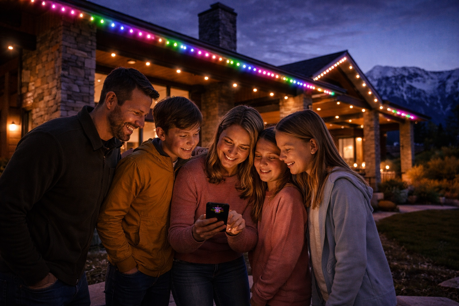 Family gathered around phone, turning on colorful trim lights for birthday