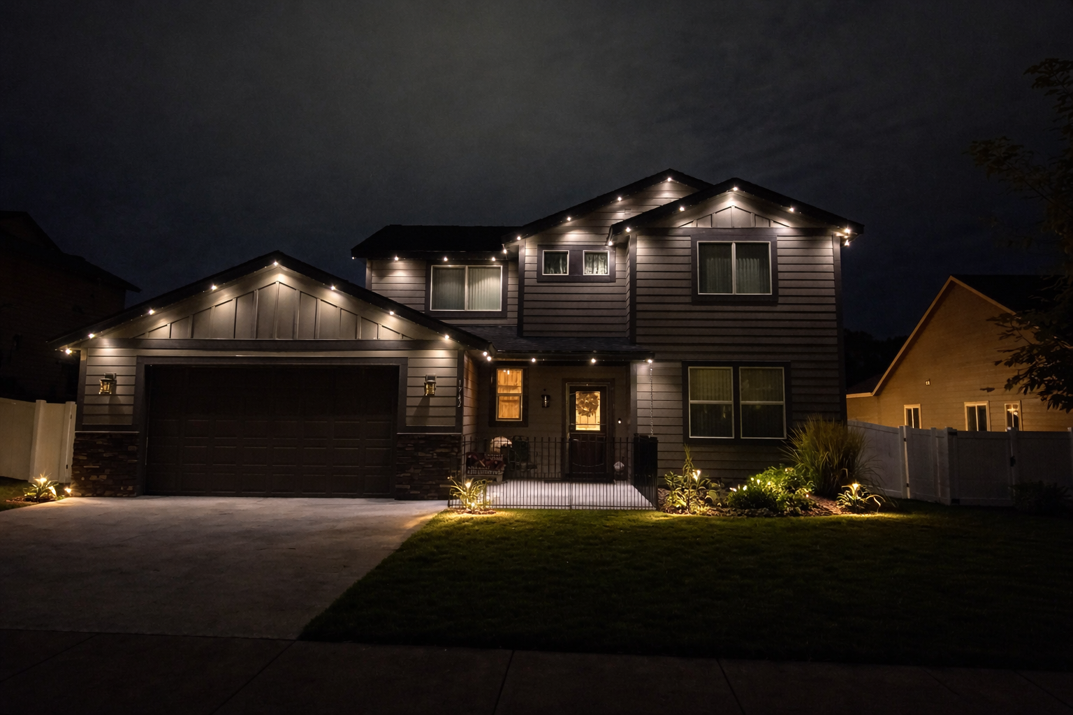 Modern home with permanent track lights and subtle landscape lights