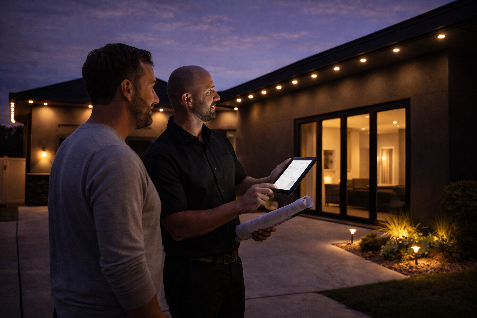 Home owner and Lighting Pro discussing light and architecture plan
