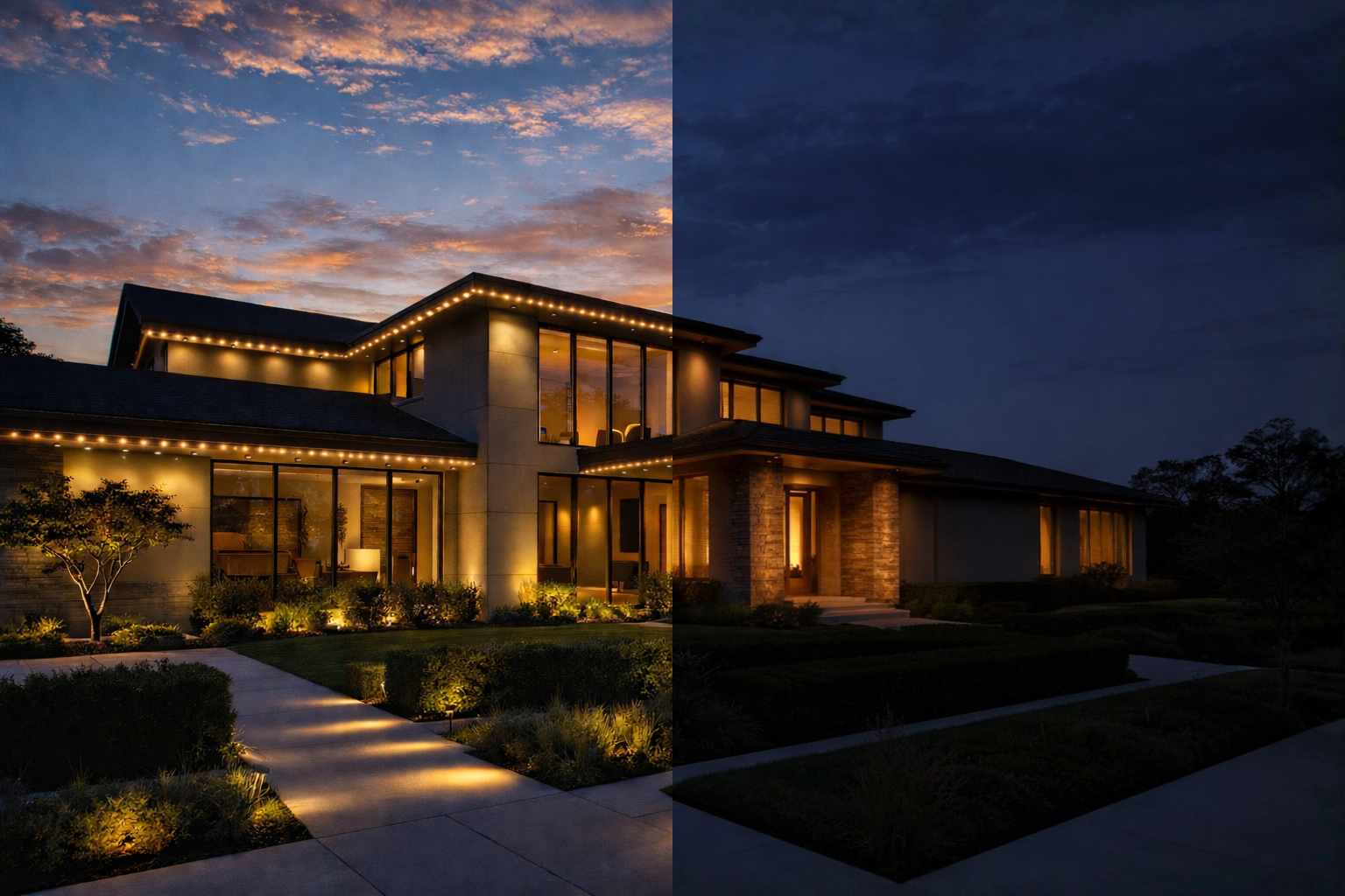 Modern luxury house, half of image lit up with permanent lights, other half dark with no architectural lighting.