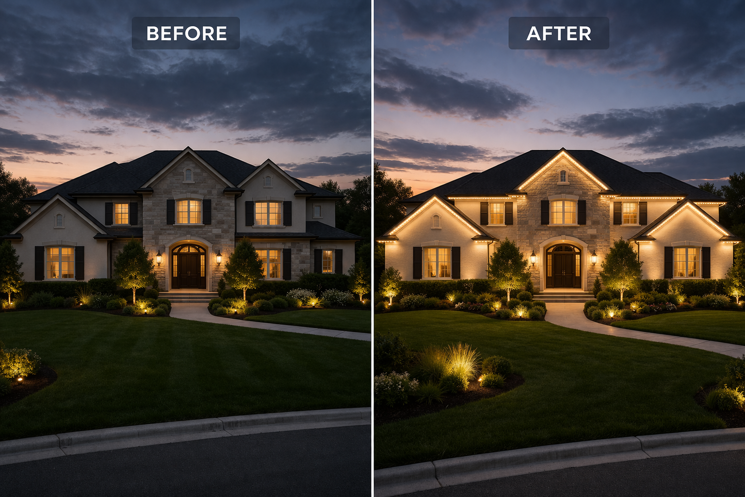 Before and after exterior lighting transformation luxury home