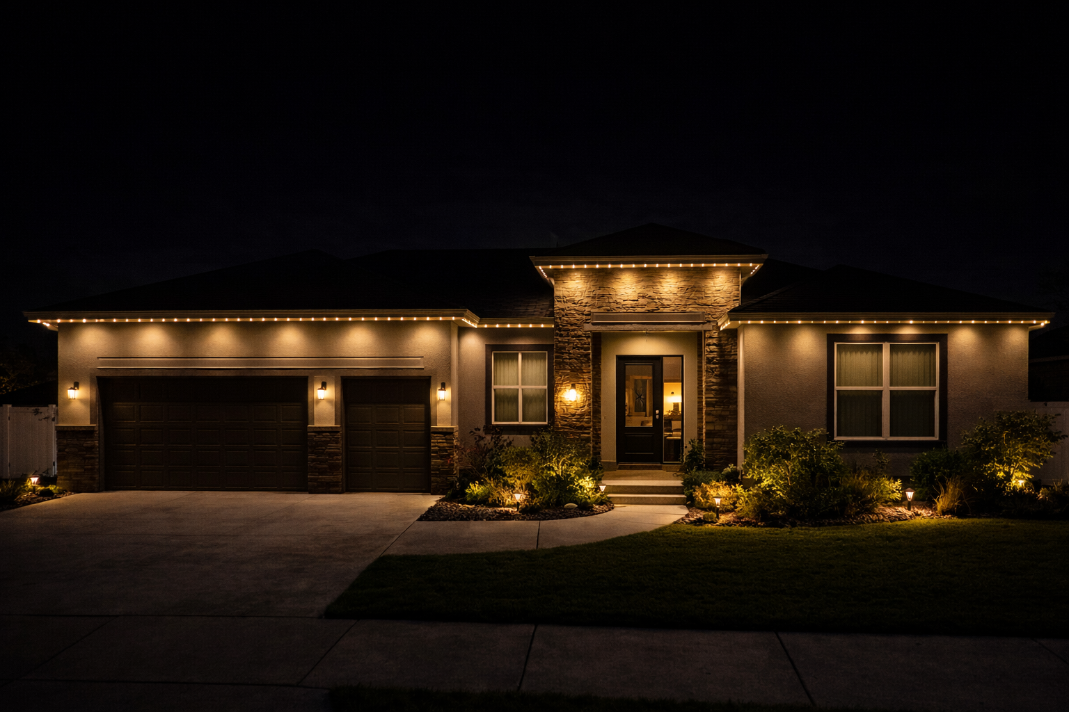 Modern luxury home illuminated at night