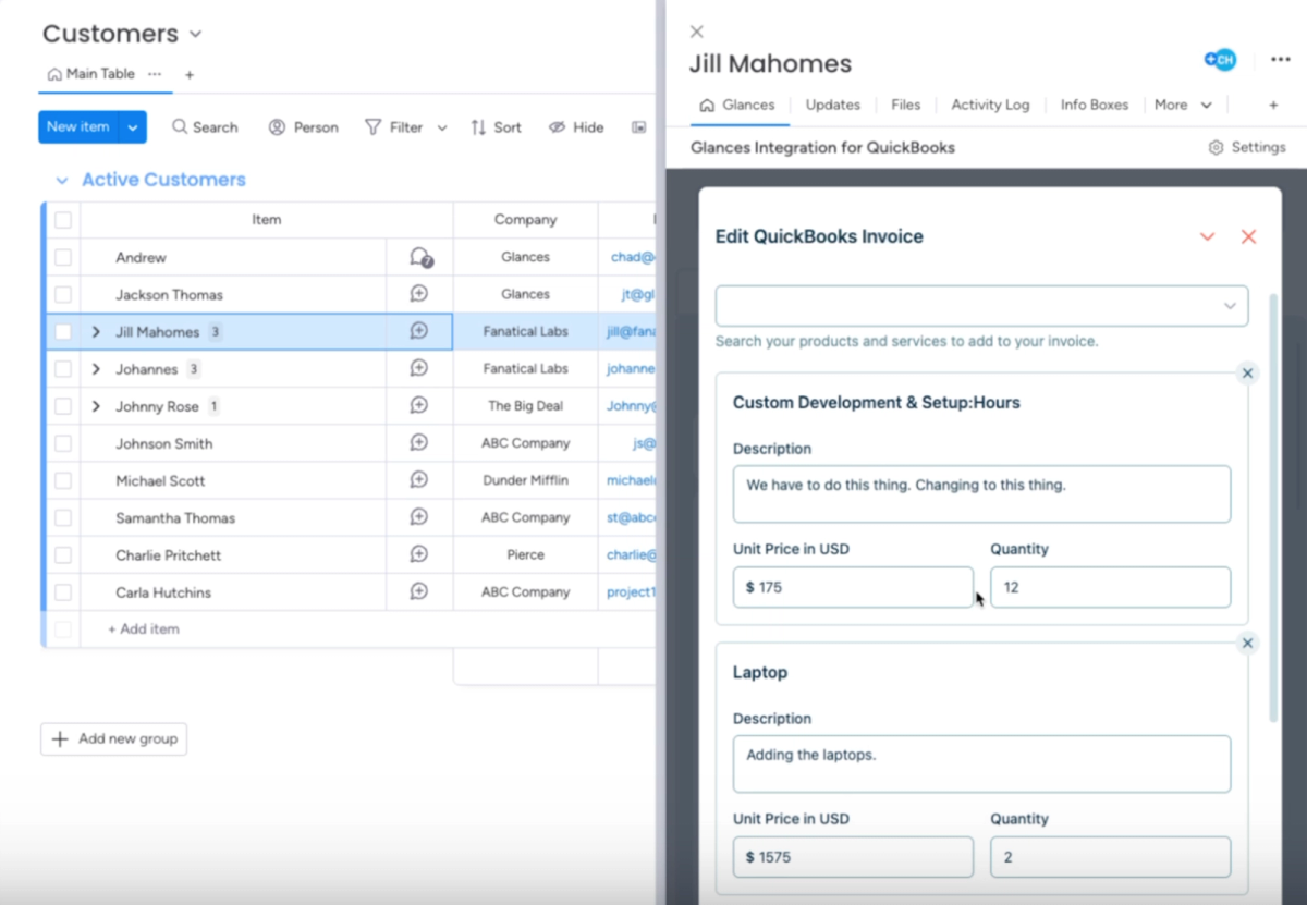 Glances Actions for QuickBooks help you manage invoicing anywhere online