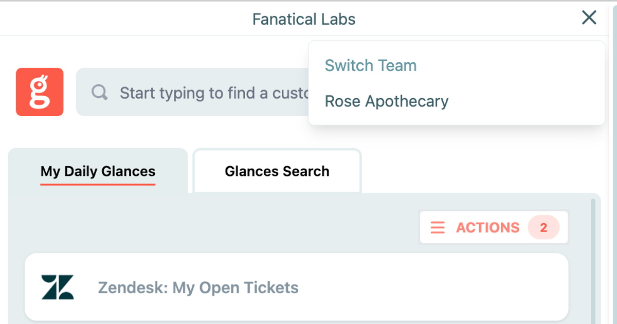 Glances team selection feature helps you switch between multiple app accounts
