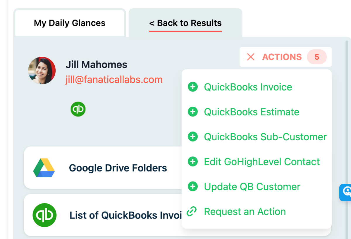 Product shot of Glances Actions menu, available directly in Glances anywhere online