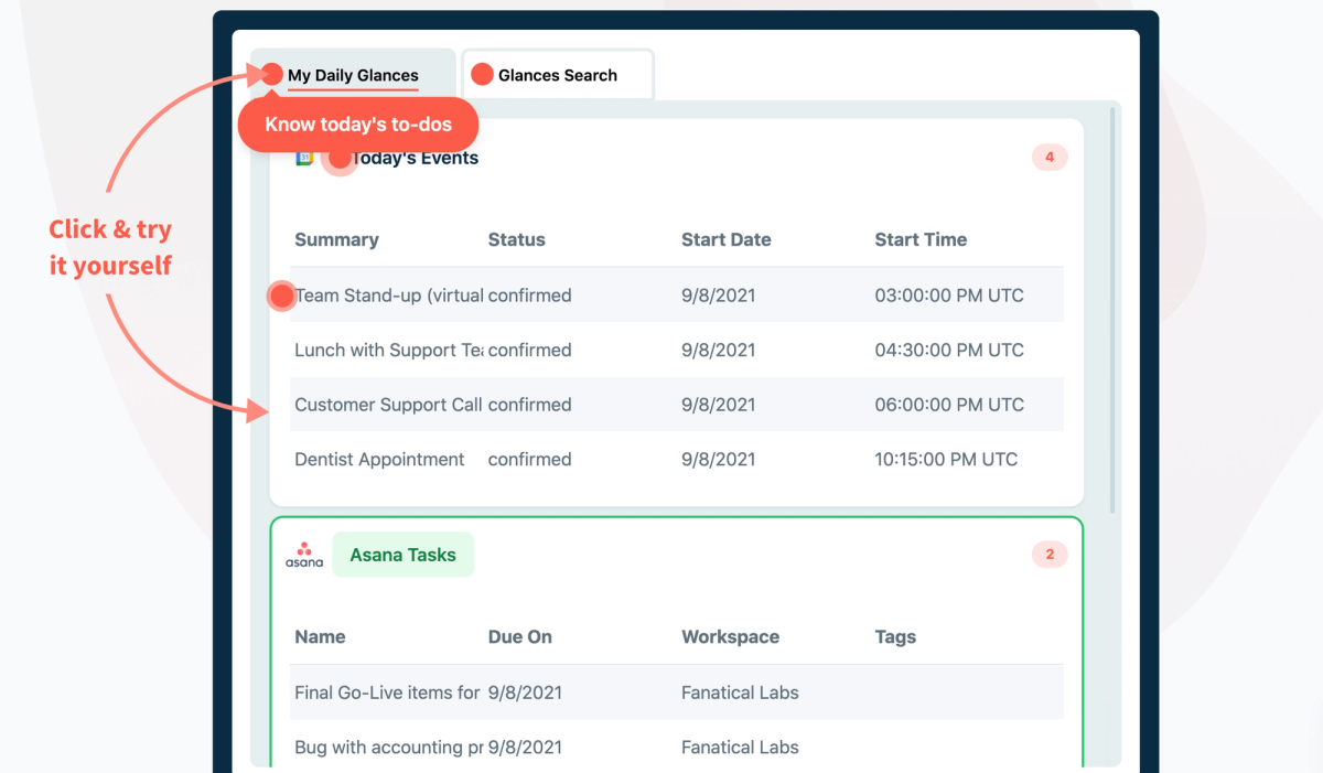 Screenshot of Glances user clicking on the My Daily Glances tab to view daily tasks