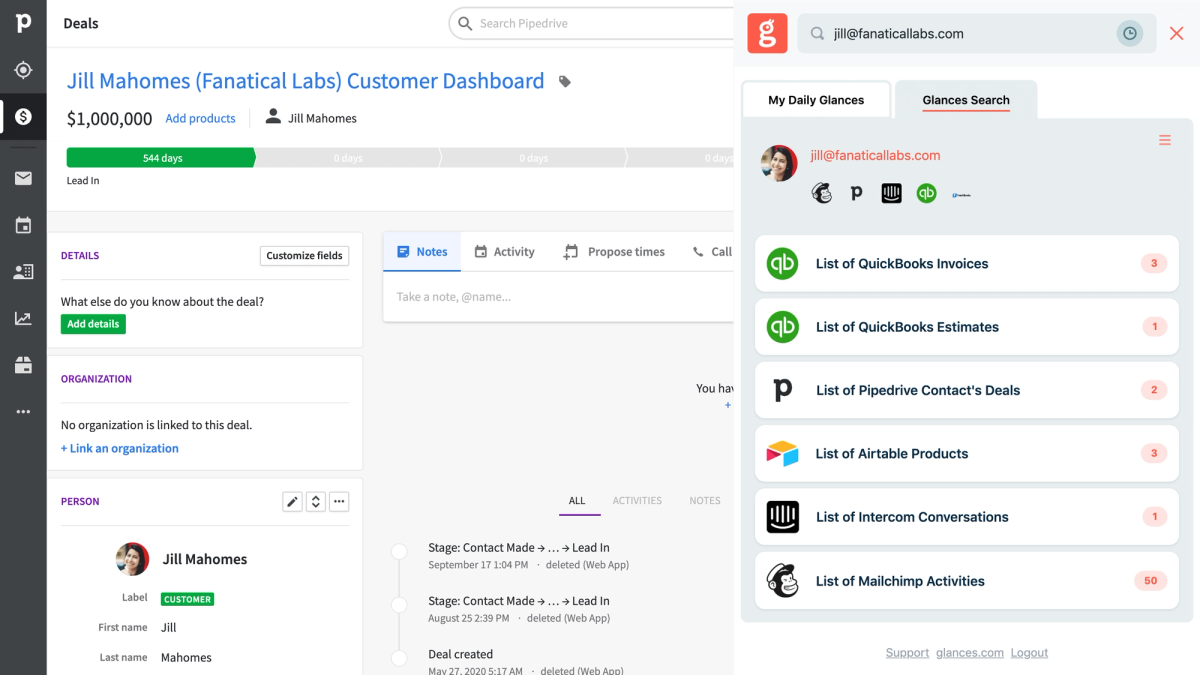 Screenshot of Glances user working in Pipedrive CRM with Glances widget open