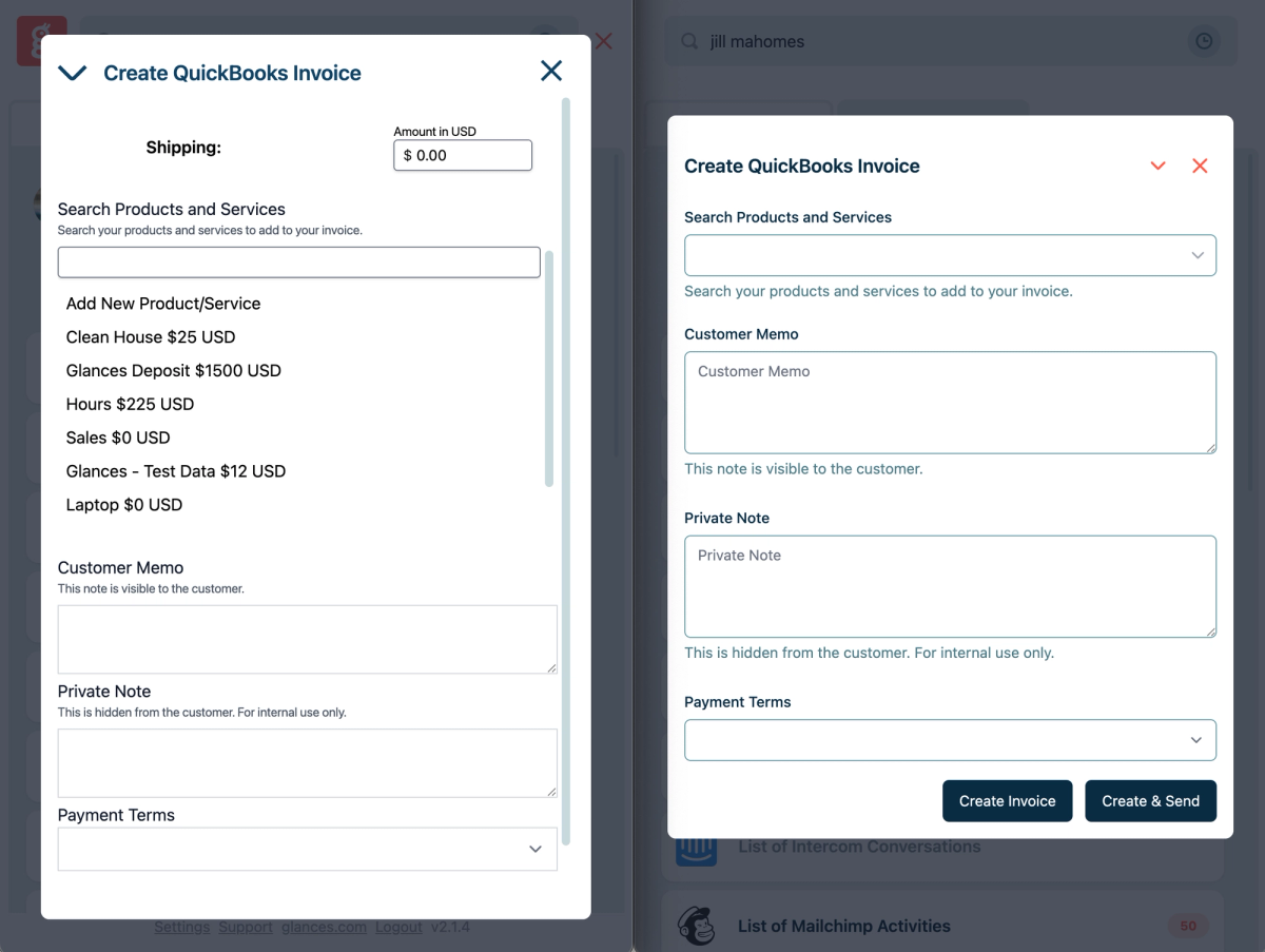 Glances Action Forms side-by-side update for QuickBooks invoicing