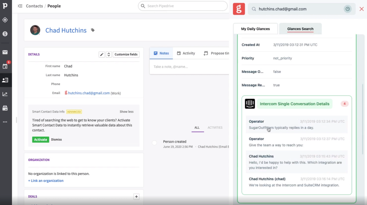 Glances user working in Pipedrive CRM viewing Intercom conversations