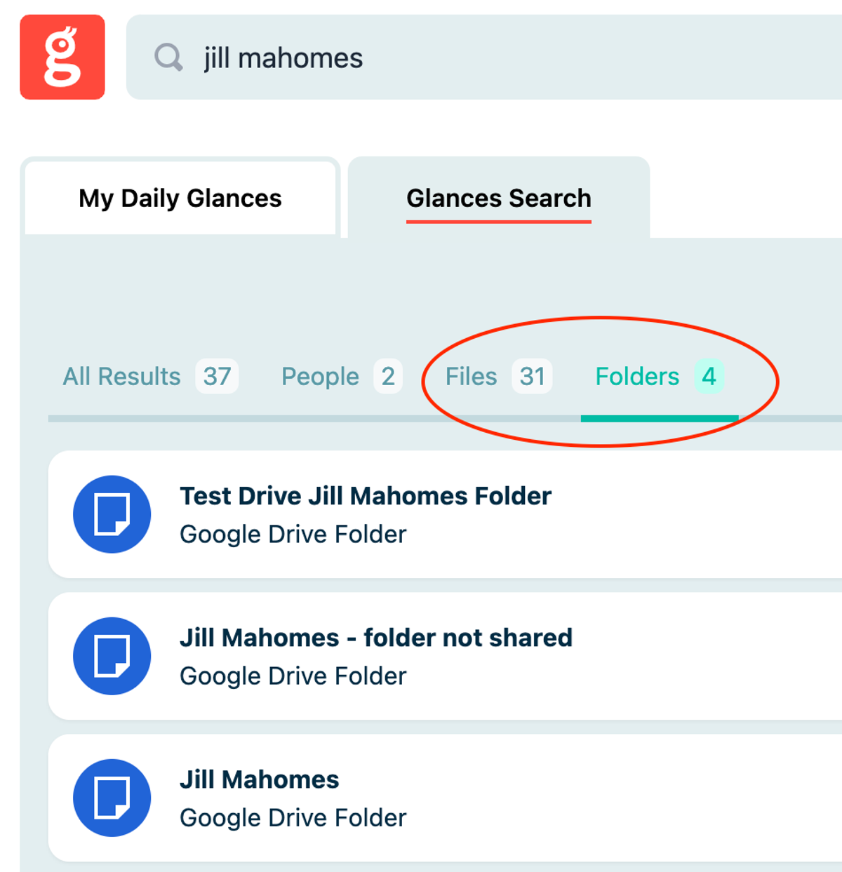 Glances search organized by files and folders