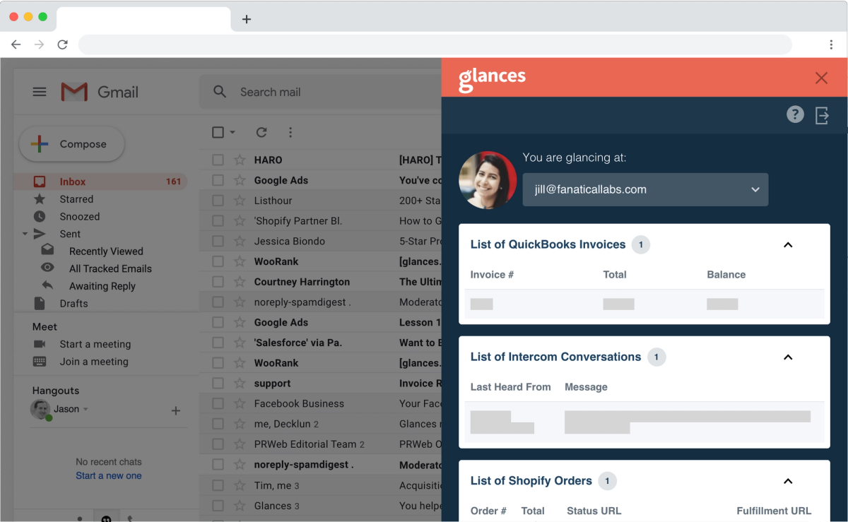 Screenshot of Glances user in Gmail viewing data across multiple apps like QuickBooks and Shopify