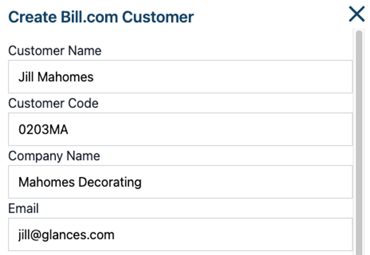 Screenshot of Glances user creating a new customer for Bill.com anywhere online