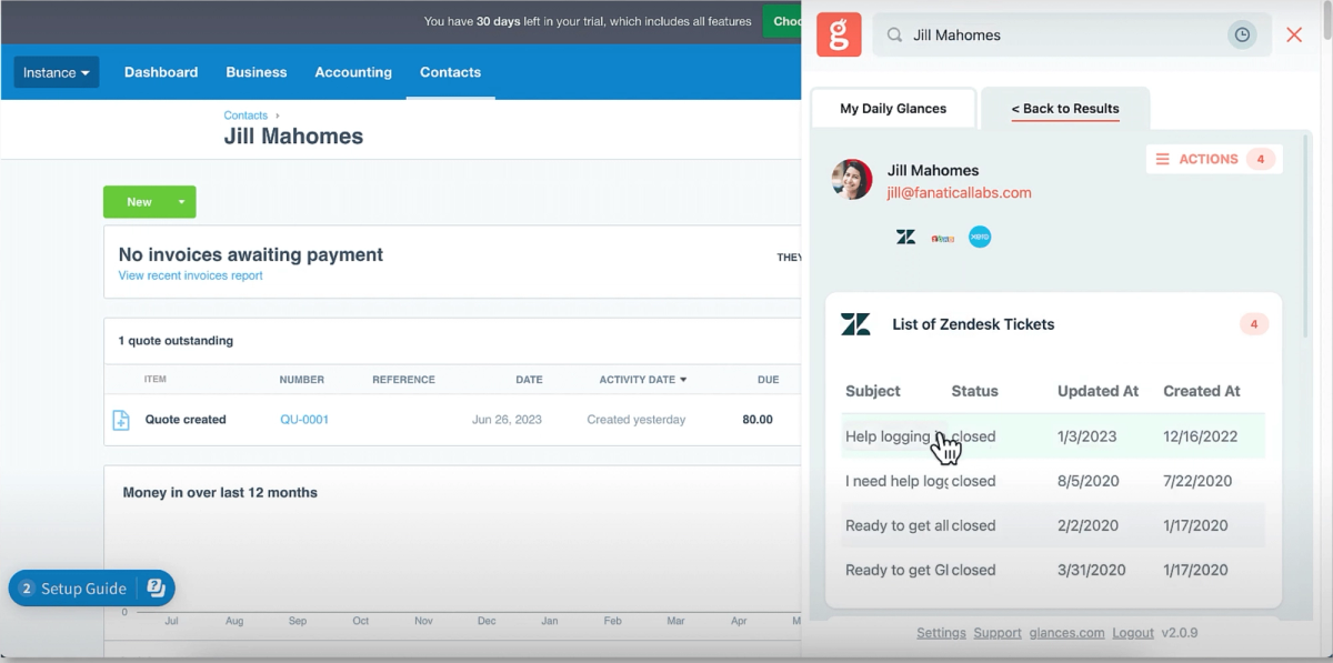View Zendesk ticketing data while working in Xero or anywhere online, using Glances