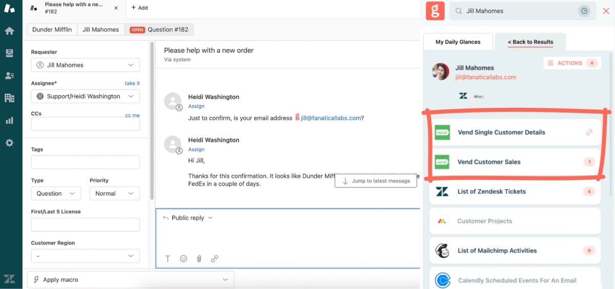 Glances user working in Zendesk and searching data across Vend and multiple connected apps