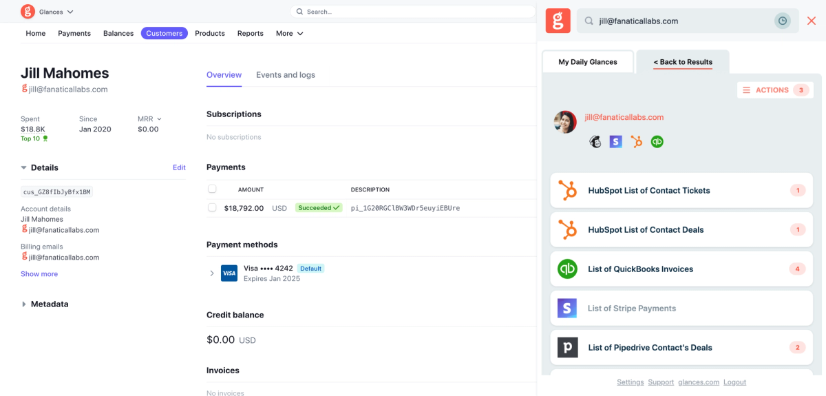 Glances user working in Stripe using Glances to view their data across multiple apps
