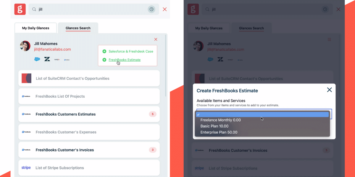 Directions to create a FreshBooks estimate or invoice anywhere online using Glances