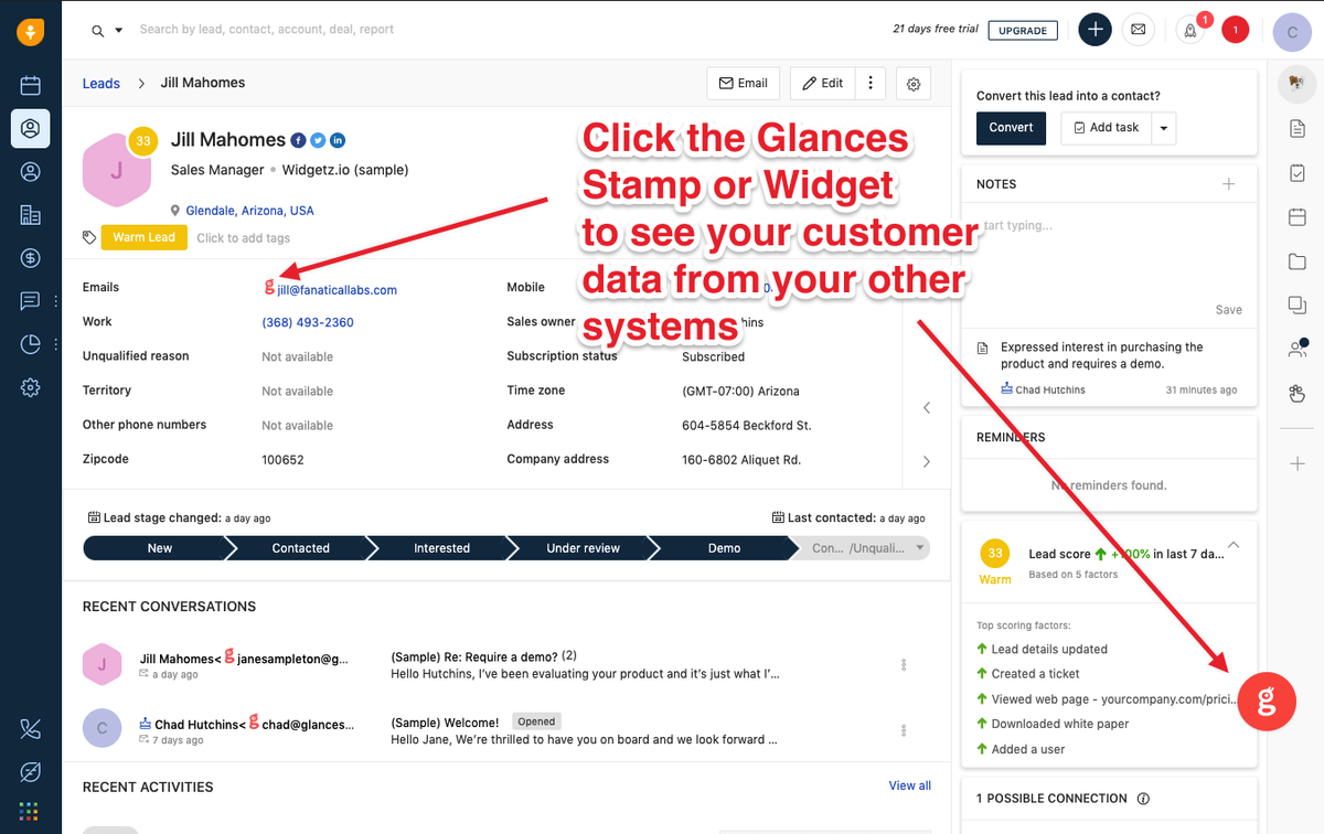 Glances user working in Freshsales to view data across multiple apps