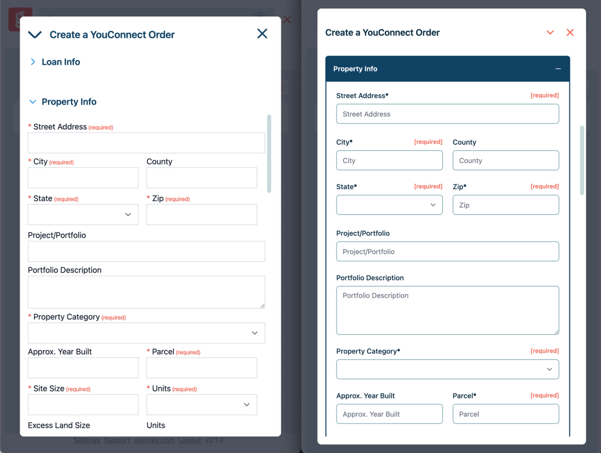 Glances Action Forms side-by-side design update for YouConnect appraisal orders