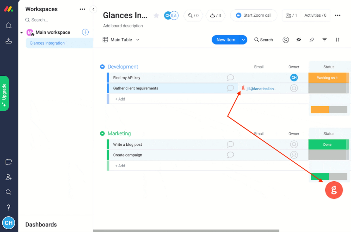 Screenshot of Glances user in monday.com and clicking Glances widget in bottom right corner