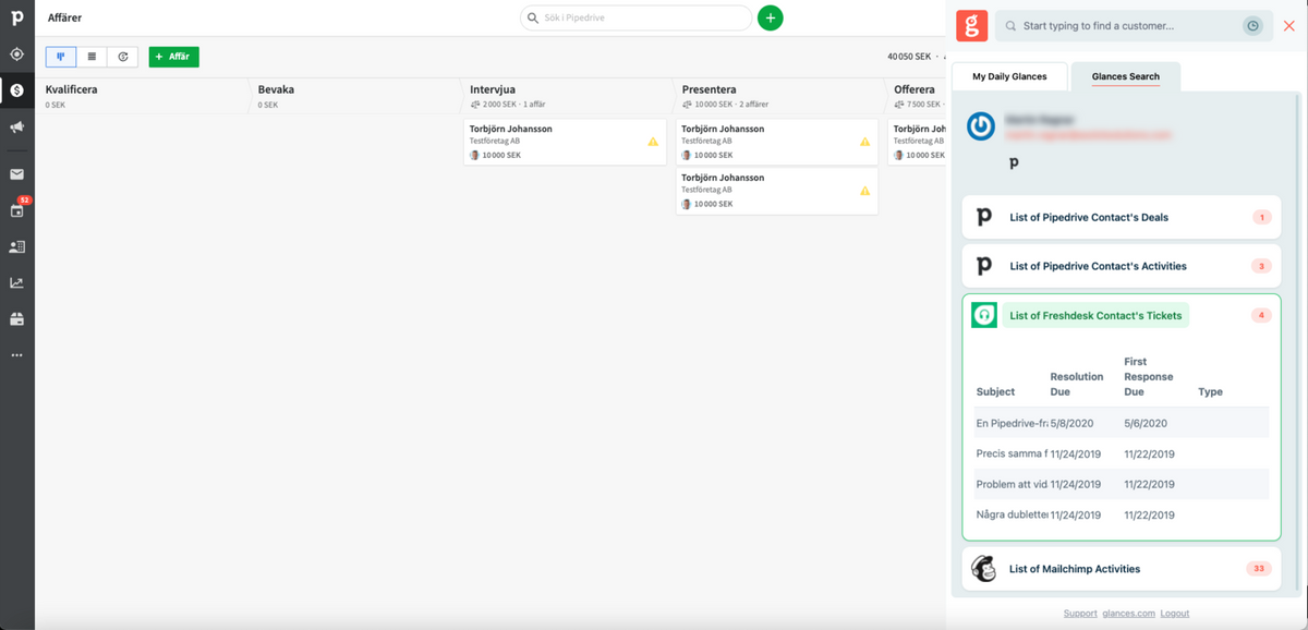 Screenshot of Glances user working in Pipedrive CRM and viewing Pointagram competition data