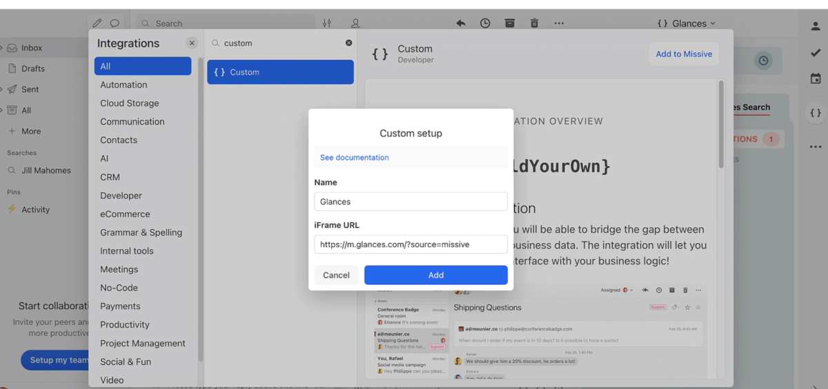 Glances user working in Missive and setting up Glances as an integration