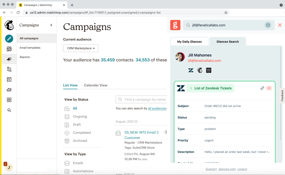 Screenshot of Glances user working in Mailchimp and viewing Zendesk tickets