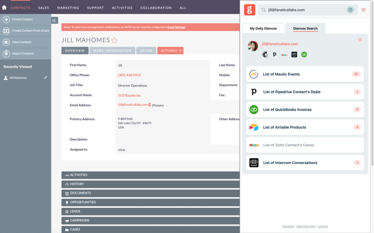 Screenshot of Glances user working in SuiteCRM and viewing their Mautic data